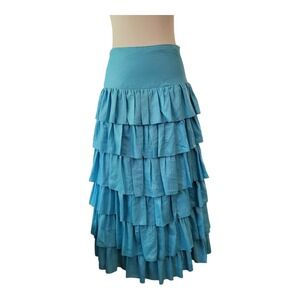 Armine Boho Tiered Ruffle Maxi Skirt Blue Cotton Elastic Waist Festival Gypsy 38